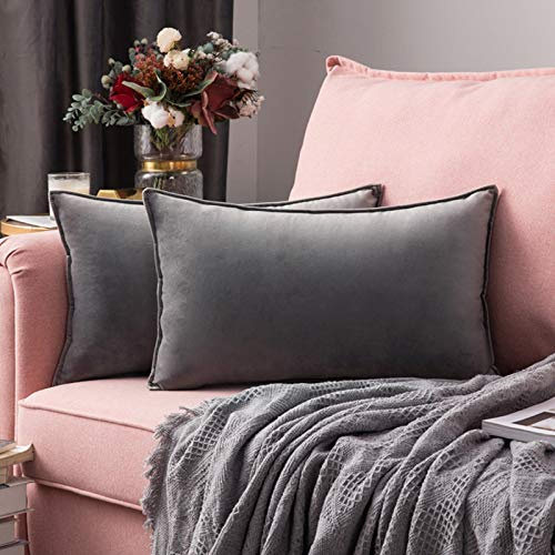 MIULEE Samt Kissenbezug 30x50 Kissen Hellgrau Kissenhülle Dekokissen | Sofakissen Dekorative Satin Umwickelte Kante Kissenbezüge Zierkissenbezug für Sofa Wohnzimmer Schlafzimmer 2er Set