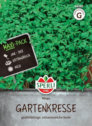 Sperli Gartenkressesamen Mega, MaxiPack 50g, 84120 - Kressesamen für Kresseanzucht, Pikant, ertragreich, Kräutersamen für Haus und Freiland, Saatgut für 45-50 lfd. Meter