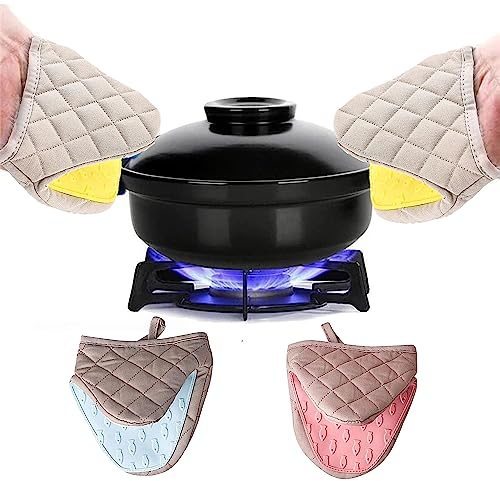 WDEC 2 Stück Mini Topfhandschuhe Ofenhandschuh hitzebeständig, rutschfest, Silicone, Baumwoll, mit Aufhängeschlaufe, für Mikrowelle und Ofen, Silikonofen verdicken Topflappenhandschuhe