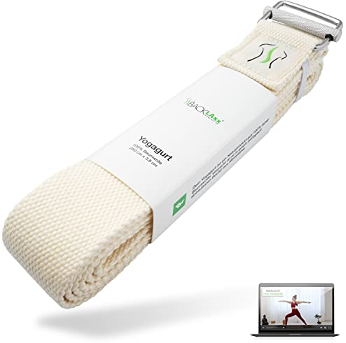 BACKLAXX ® Yoga Gurt Baumwolle (natur) – Nachhaltiges Yoga-Zubehör Set, Yogagurt 250 cm lang mit praktischem Verschluss aus Metall – ideal für Dehnen und Pilates inkl. Anwendungsvideo
