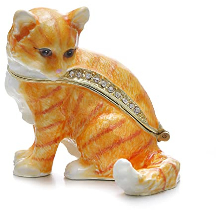 Vie jeune Hand Painted Enamel Cute Cat Trinket Box, Hinged Jewelry Box Unique Mini Ring Necklace Jewelry Organizer, Classical Bejeweled Storage, Figurine Collectible Keepsake Home Decor (Cat)
