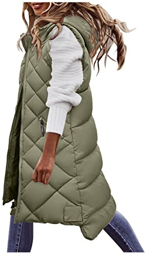 HHMY Quiltad väst för kvinnor – lång quiltad jacka med huva lång väst vinterjacka vinterrock varm ärmlös väst pufferjacka casual damvästar smal gilet utomhus quiltad övergångsjacka, Grön, M