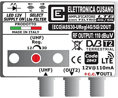 (ECO) ASS30-UReg(4G/5G)/2OUT - Amplificatore Antenna TV con Filtro LTE 4G e 5G (Selezionabile), Amplificatore Antenna da Palo, 1 Ingresso UHF, Gain 30dB, Amplificatore Antenna 2 Uscite, Made in Italy