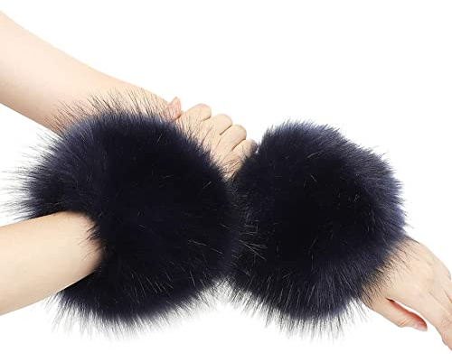 1 Paare Fell Pelz Armstulpen,Damen Pulswärmer Pelz Kunstfell Fellstulpen Fell Manschette Handschuhe Pulswärmer Kunstfell Winter Handgelenk Wärmer für Pullover Mantel Weste Jacken für Frauen,Dunkelblau