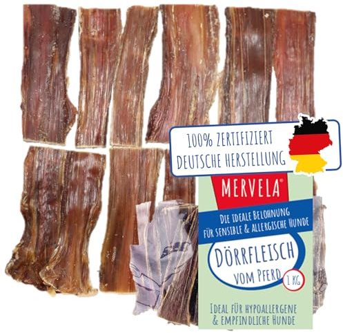 MERVELA® Natürliches Pferde-Dörrfleisch für Hunde | Hypoallergen | 100% Pferd | schonend luftgetrocknet | getreidefrei | Premium-Kausnack aus Deutschland | 1 KG