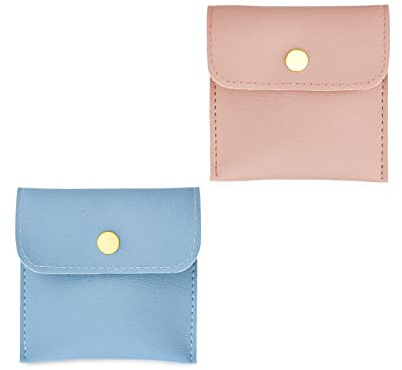 FuninCrea 2 bolsas de joyería de piel sintética con botón a presión, bolsas de almacenamiento de joyas, pequeñas bolsas de almacenamiento de joyas suaves de regalo, pulseras, collares (azul + rosa)