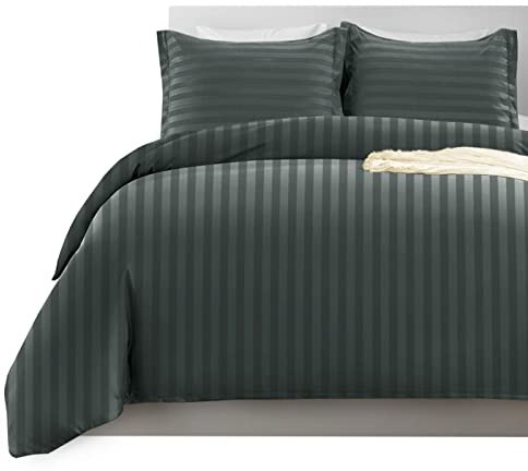 Imperial Rooms Satin Stripe Single Duvet Cover Set - Premium Hotel Quality Quilt Cover Single Bedding Set 2 Pcs - Ultra Soft Duvet Cover Single With Button Closure (Charcoal 135x200 Cm)