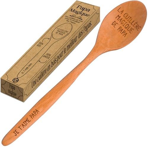 Cuillère de Cuisine en Bois huilé avec gravures Je t'aime Papa et La Cuillère magique de Papa | Idée Cadeau unique pour la Fête des Pères | Accessoire de Cuisine en Hêtre | OriginalCup