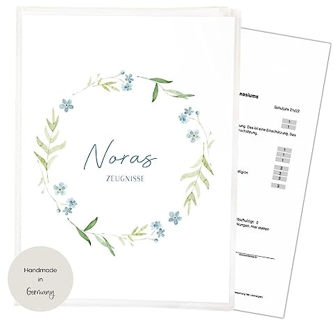 Zeugnismappe für DIN A4 Blumenkranz | 𝗣𝗘𝗥𝗦𝗢𝗡𝗔𝗟𝗜𝗦𝗜𝗘𝗥𝗧 | 20 Klarsichthüllen für 𝗔𝗨𝗙𝗕𝗘𝗪𝗔𝗛𝗥𝗨𝗡𝗚 und 𝗦𝗖𝗛𝗨𝗧𝗭 von 𝗭𝗘𝗨𝗚𝗡𝗜𝗦𝗦𝗘𝗡 | Schule Mädchen (Nora - Vergissmein.)