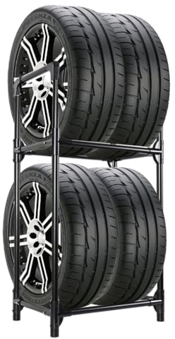 Hershii Reifenständer 2 Ebenen Reifenregal für 4 Reifen aus Metall für Garage Keller Werkstatt Lagerhaus,57.2 X 37.3 X 114.6cm (Black) | Reifenständer für Innen und Außen - schwarz Metall 50 cm x 35 cm x 110 cm