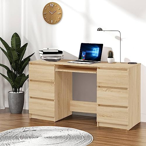 LAPOOH Schreibtisch Sonoma-Eiche 140x50x77 cm Holzwerkstoff, Gaming Tisch, Computertisch, Computer Desk, Office Table, Bürotisch, Arbeitstisch, Nähtisch, Pc Tisch