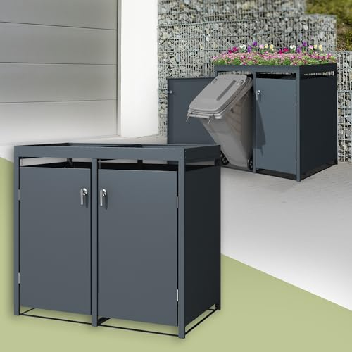 ML-Design Mülltonnenbox 2er mit Pflanzdach für 2 Mülltonnen, 240L 132x80x124cm Anthrazit, Stahl, wetterfest, Abschließbare Mülltonnenverkleidung mit Tür, Müllbox Mülltonnecontainer Mülltonnenabdeckung