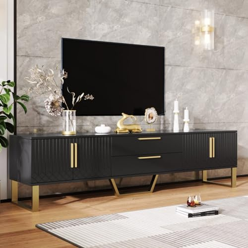 PUGSDRLY Meuble TV, meuble bas moderne, meuble TV en bois élégant et stylé avec deux portes de placard pour un rangement pratique, meuble de rangement avec deux tiroirs (Noir)