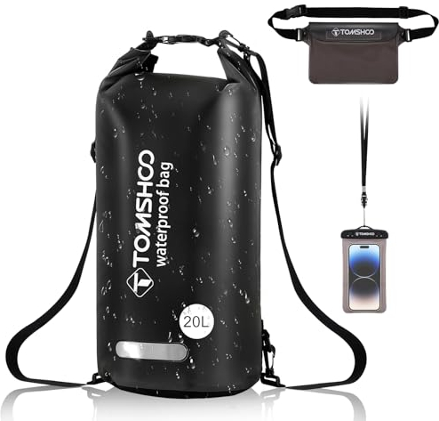 TOMSHOO Dry Bag Set, 10L/20L Wasserdicht Rucksack mit Wasserfester Handytasche & Tasche, Verstellbarer Schultergurt, Waterproof Backpack für Kajak Fahren, Wandern, Camping, mehr, 20L, Schwarz
