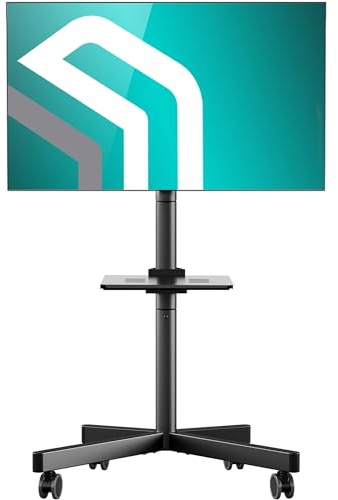ONKRON TV Ständer rollbar für 23-60 Zoll Fernseher, max Last 45 kg, mobiler TV Standfuss höhenverstellbar, Fernseh Rollwagen max VESA 400x400, Fernsehständer mit Rollen, Ablage Schwarz TS1137-B