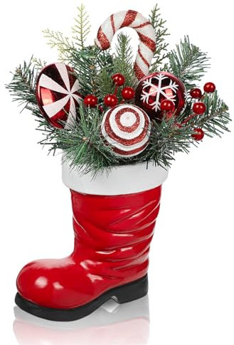 Arborus Künstliche Pflanzen Weihnachten Tischdeko Weihnachtsgesteck Künstliche Tannenzweige im Nikolausstiefel 33 cm Weihnachtspflanzen mit Weihnachtskugeln Kunstpflanze für Weihnachten Deko