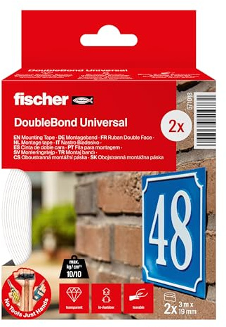 fischer - Ruban Adhésif Double Face Transparent pour Coller et Assembler, Pack de 2 Rouleaux de 3 m x 19 mm, Application Facilitée