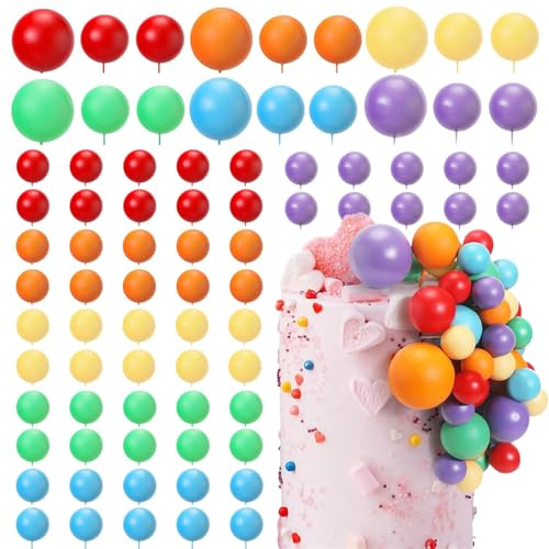 54Pcs Ball Cake Topper Decorations Rainbow DIY Cake Insert Topper Mini Foam Balls Cupcake Topper Decorations Foam Balls Cake Picks for Wedding Birthday Anniversary Baby Shower (Rainbow)