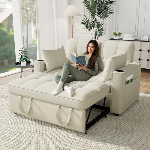 Sapgaks Velours 2-Sitzer Schlafsofa, Ecksofa, ausziehbares Sofa, Beige, 137 cm x 76,5 cm x 83 cm, Multifunktional mit Schlaffunktion, Getränkehalter und Kopfkissen