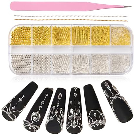 GlamRays Caviar Perlen für Nägel, 12 Grad Gold Nail Charms und Silber Nail Caviar Perlen, 2 Stück Nagelketten für Nagelkunst, Nageljuweliere Nagelperlen