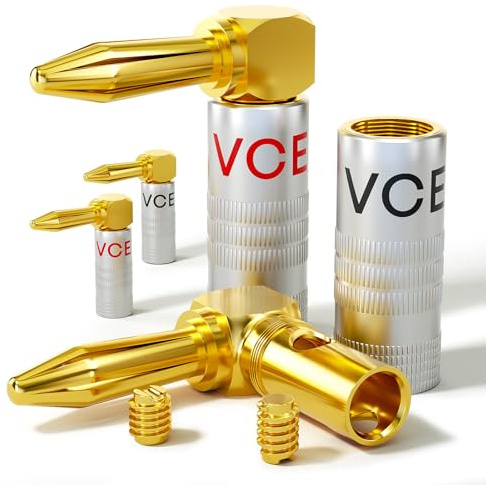 VCELINK 4 Paires Fiches Banane 90 Degrés, Plaquée Or 24K, Adaptée aux Espaces Restreints, 4 mm Banane Connecteurs Coudées Enceintes pour HiFi Haut-Parleur, Amplificateur