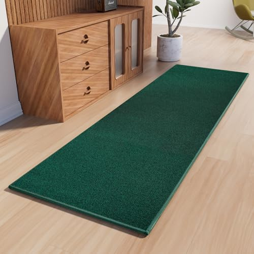 Runner Rug with Non Slip Rubber Backing, Washable Soft Floor Carpet for Kitchen, Hallway, Entryway Indoor, Bedroom, Laundry, Low Pile Area Rugs, Solid Color with Pointillism Style (Green, 2' * 6')