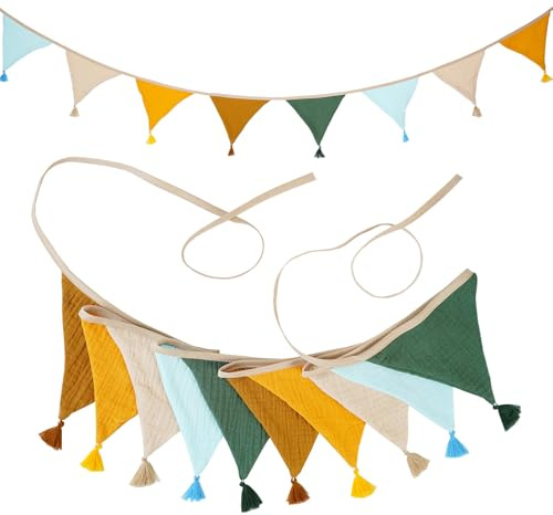 LUMOOM Guirnalda de banderines para habitación infantil de 2,6 m, guirnalda decorativa para habitación de bebé, muselina de algodón, decoración para habitación infantil, para fiestas al aire libre en