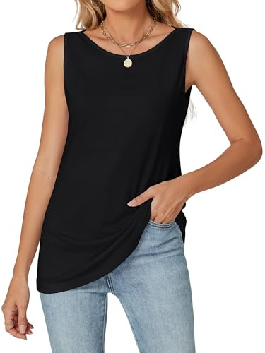 Famrrifuu Femme T-Shirt sans Manche Haut Col Rond Coupe Ajustée Elástique Casual Top Basique Léger Tee Shirt Blouse Été Printemps, Noir, S