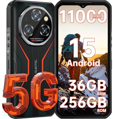 OUKITEL WP55 Rugged Smartphone 5G - Android 15 Rugged Phone, 36GB RAM+256 ROM, 11000mAh Phones, 6.6 FHD+ Display, 108MP Camera, IP68/69K Waterproof Phone, 5G Dual SIM/NFC/OTG/GPS, 2025 (Orange