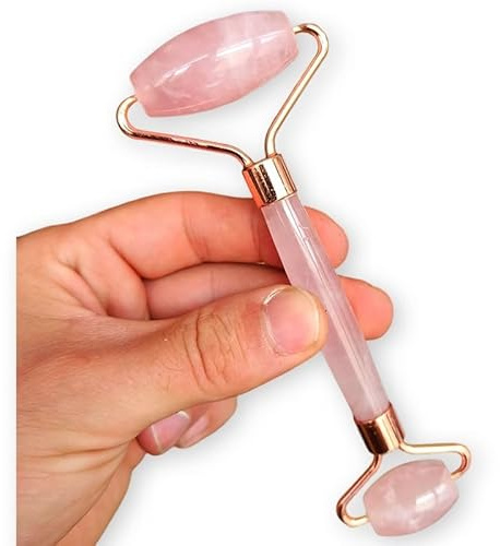 Gesichtsroller & Gua Sha Echter vergoldeter Stein – Anti-Falten, belebend und straffend für die Haut | Massagegeräte für Verjüngung und Entspannung (Rosenquarz)