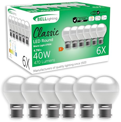 BELL Lighting B22 BC Dimmable LED Golf Ball Bulbs Warm White 4.7W 6 Pack | Dimmable B22 bayonet LED golf ball bulbs with 2700K warm white light, 470lm brightness and 40W equivalent output for lamps.
