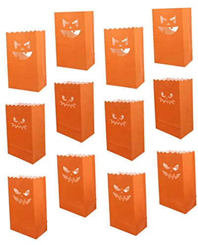 Lurrose 12 Pezzi Sacchetti Luminosi Carta Halloween con Design Zucca per Decorazioni Festive Unica per Halloween