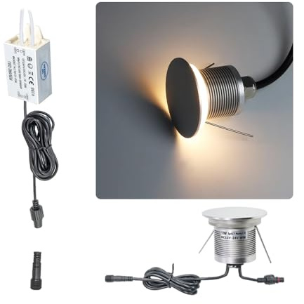 1pcs Recessed LED Garden Step Light 1W IP67 12V-24V Silver Warm White | Cutout:Ø28-30Mm Stair Lights, Low Voltage External Wall Light, For Indoor Outdoor Stair Wall Path Pathway Decking Ground