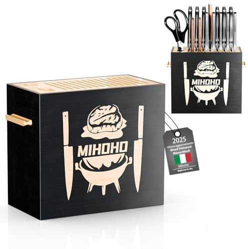 Ceppo Portacoltelli Universale Legno, portacoltelli in legno/organizzatore per coltelli, contenitore unico per coltelli da banco con base antiscivolo (nero A)