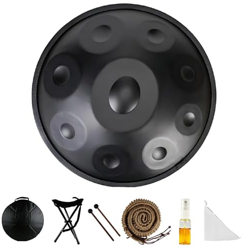 SHEUAO 9/10/12 Ton Handtrommel Aus Stahl,440Hz/432 Hz Handpan Stahl-Trommeln,Handpan In D-Moll,Handpan-Trommeln Instrumente Für Mit Handpan-Tasche,Trommelstativ,Mallet Black-440Hz-9tone
