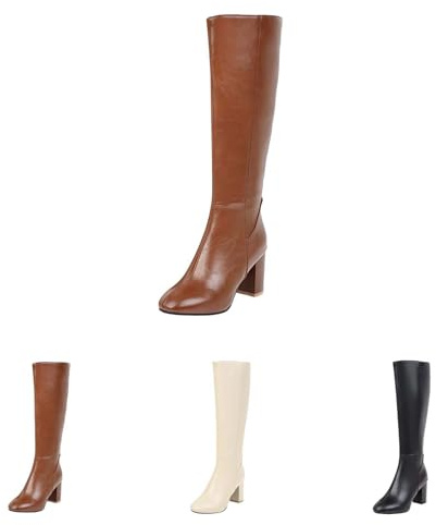 Knähöga stövlar dam med klack, Overknees stövlar dam läder vinterstövlar med blockklack lång skaft stövlar bekväma slip-stövlar eleganta damstövlar runda vida stövlar casual höga stövlar, svart, 45 EU