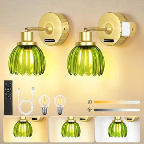 OUTON Wandleuchte Innen Akku, Wandlampe Innen Gold mit grünem Glas 8000mAh, Kabellose LED Wandleuchte ohne Stromanschluss, Touch Fernbedienung, 3 Farbtemperaturen, Dimmbar für Schlafzimmer Flur