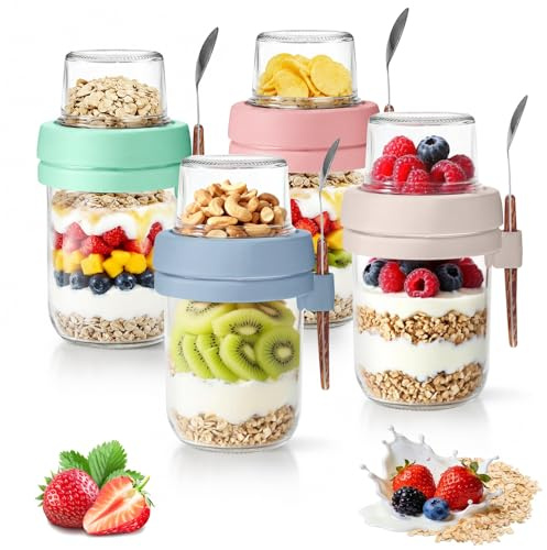 Bcuuozeeing 4er Set Müslibecher to Go mit Löffel, 480ml+120ml Overnight Oats Gläser, Joghurtbecher to go mit Doppelschicht Design, Müslibecher to Go für Arbeit, Schule und Reisen