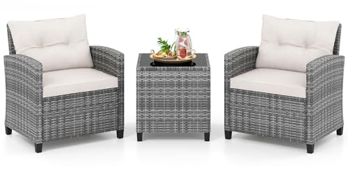 COSTWAY Set Salotto da Giardino 3 Pezzi, Set Sedie e Tavolo in Rattan con Piano in Vetro Temperato, Set Mobili con Morbidi Cuscini per Balcone, Veranda e Giardino (Bianco,Modello 3)