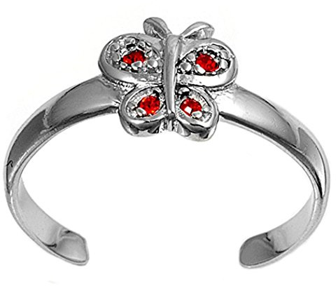 7K Zehenring aus 925 Sterling Silber als Fußschmuck für Damen, Herren und Mädchen, Größenverstellbar, roter Zirkonia Schmetterling