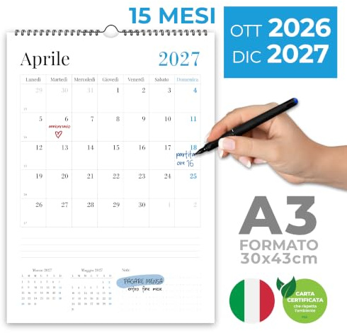 Calendario da Muro 2026 A3 – 30×42 cm Formato Grande – Con Spazi per Scrivere – Mensile da Parete per Casa & Ufficio