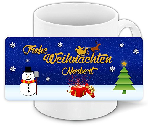 Weihnachtstasse mit Namen Norbert und Motiv „Nr. 1“ mit Schneemann, Geschenk und Tannenbaum