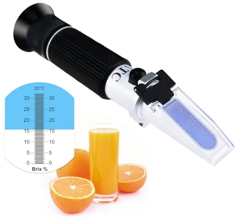 Brix-Refraktometer mit ATC, Bereich 0-32% Brix mit 0.2% Aufteilung, Für Branntwein, Bier, Obst, Schneidflüssigkeit, mit zusätzlichem LED-Licht und Pipetten
