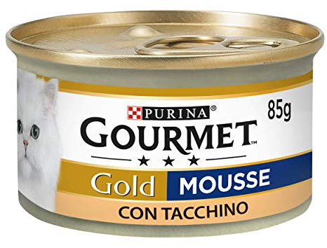 PURINA GOURMET Gold Cibo Umido per Gatto Adulto, Mousse con Tacchino in 24 Lattine da 85 g, Ricetta Morbida e Delicata Senza Coloranti o Conservanti Artificiali