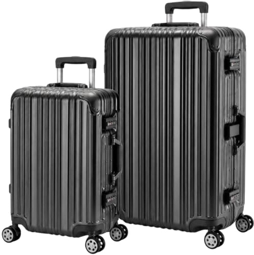 Travelhouse® London Aluminium-Rahmen Koffer-Set Schwarz | Polycarbonat-Hartschale, Ohne Reißverschluss, TSA-Schloss, 4x 360° Doppel-Rollen, S+L