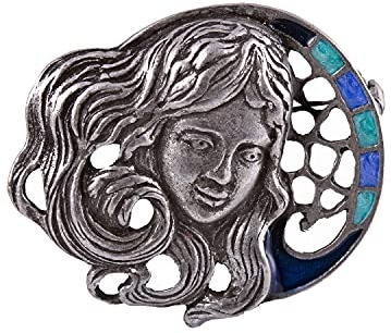 Damen-Brosche im Jugendstil Emaille Perlmutt Messing Altsilber Anstecknadel 4,4 x 4,5 cm