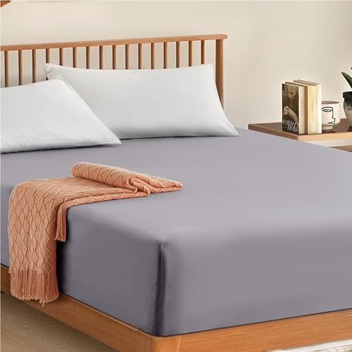 My Home Store Grey Double Fitted Sheet - Cotton Bed Sheets 300TC Hotel Quality 30 cm Fitted Bedsheets Sets