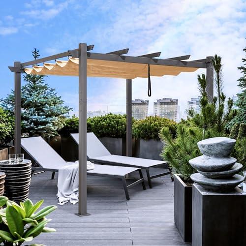 PURPLE LEAF Pergola 3 x 3 m Wasserdicht Stabil Winterfest, Aluminium Gartenpavillon mit Wetterfestes Schiebedach, UV-Schutz, für Terrasse, Garten, Beige