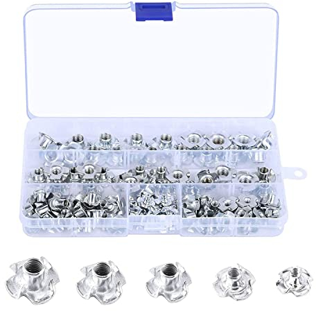 90 Stk Einschlagmuttern,M3 M4 M5 M6 M8,T Gewindemutter,Verzinktem Kohlenstoffstahl Nüsse,Vier-Prong Nüsse Einschlagspitzen,für Möbel, Holzbearbeitung, Handwerker Sortiment Schrauben Kits