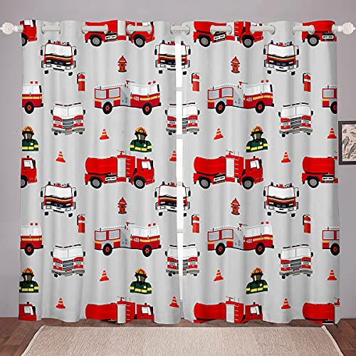 Loussiesd Kinder Feuerwehrmann Fenstervorhang 183x117cm Jungen Feuerwehr Feuerwehrmann Blickdichte Vorhänge Rotes Feuerwehrauto Fahrzeug Muster Vorhänge für Mädchen Schlafzimmer Dekor